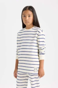 DeFacto Pajama Set Striped Long Sleeve Top with Elastic Waist Long Bottom Girl Child - Image 3