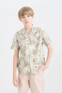 DeFacto Oversize Wide Fit Polo Neck Palm Tree Patterned Short Sleeve Shirt Boy