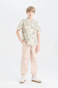 DeFacto Oversize Wide Fit Polo Neck Palm Tree Patterned Short Sleeve Shirt Boy - Image 2