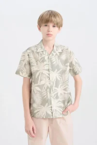 DeFacto Oversize Wide Fit Polo Neck Palm Tree Patterned Short Sleeve Shirt Boy - Image 3