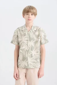DeFacto Oversize Wide Fit Polo Neck Palm Tree Patterned Short Sleeve Shirt Boy - Image 4