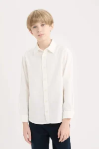 DeFacto Polo Neck Linen Look Long Sleeve Shirt Boy - Image 3