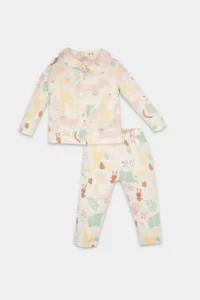 DeFacto Baby Girl Pajama Set Safari Printed Long Sleeve Top with Elastic Waist Bottom