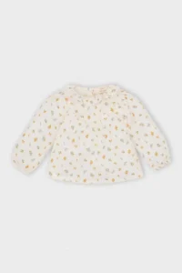 DeFacto Muslin Floral Patterned Ruffle Collar Long Sleeve Ecru Baby Girl Shirt D8764A5/ER105