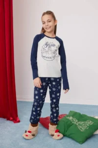 DeFacto Girl's Christmas Themed Pajama Set Crew Neck Long Sleeve Top Long Bottom