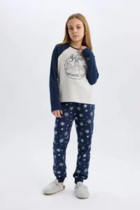 DeFacto Girl's Christmas Themed Pajama Set Crew Neck Long Sleeve Top Long Bottom - Image 3