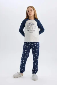 DeFacto Girl's Christmas Themed Pajama Set Crew Neck Long Sleeve Top Long Bottom - Image 4