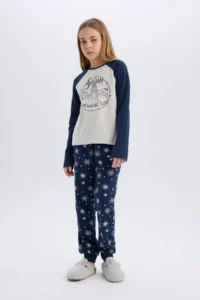 DeFacto Girl's Christmas Themed Pajama Set Crew Neck Long Sleeve Top Long Bottom - Image 5
