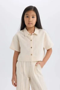 DeFacto Cropped Fit Linen Short Sleeve Shirt Girl