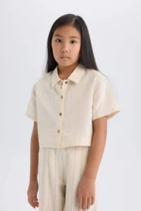 DeFacto Cropped Fit Linen Short Sleeve Shirt Girl - Image 3