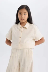 DeFacto Cropped Fit Linen Short Sleeve Shirt Girl - Image 4