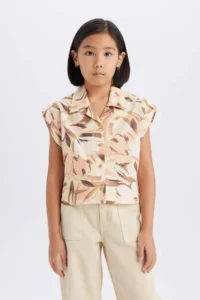 DeFacto Crop Patterned Cotton Short Sleeve Shirt Girl