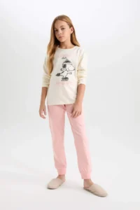 DeFacto Girl's Pajama Set Snoopy Long Sleeve Top with Elastic Waist Long Bottom