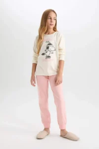 DeFacto Girl's Pajama Set Snoopy Long Sleeve Top with Elastic Waist Long Bottom - Image 2