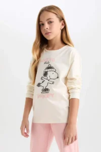 DeFacto Girl's Pajama Set Snoopy Long Sleeve Top with Elastic Waist Long Bottom - Image 3