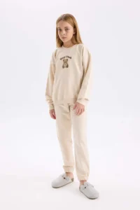 DeFacto Girl's Pajama Set Printed Long Sleeve Top with Elastic Waist Bottom - Image 2