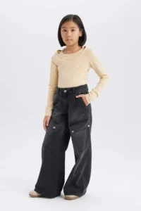 DeFacto Wide Leg Cargo Wide Leg Cotton Trousers Girls - Image 2