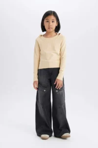 DeFacto Wide Leg Cargo Wide Leg Cotton Trousers Girls - Image 3