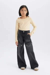 DeFacto Wide Leg Cargo Wide Leg Cotton Trousers Girls - Image 4