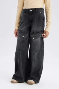 DeFacto Wide Leg Cargo Wide Leg Cotton Trousers Girls - Image 5