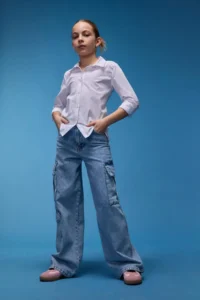 DeFacto Wide Leg Cargo Wide Leg Cotton Jean Trousers Girls