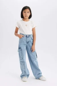 DeFacto Wide Leg Cargo Wide Leg Cotton Jean Trousers Girls - Image 2