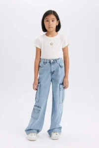 DeFacto Wide Leg Cargo Wide Leg Cotton Jean Trousers Girls - Image 3