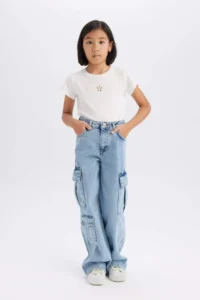 DeFacto Wide Leg Cargo Wide Leg Cotton Jean Trousers Girls - Image 4
