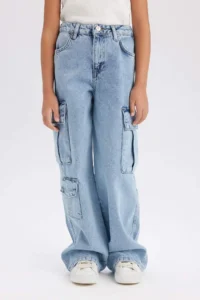 DeFacto Wide Leg Cargo Wide Leg Cotton Jean Trousers Girls - Image 5