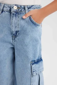 DeFacto Wide Leg Cargo Wide Leg Cotton Jean Trousers Girls - Image 6
