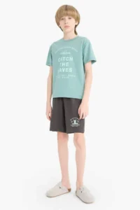 DeFacto 100% Cotton Regular Fit Printed Elastic Waist Pajama Set for Boy - Image 2