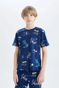 DeFacto 100% Cotton Regular Fit Patterned Elastic Waist Pajama Set for Boy - Image 3