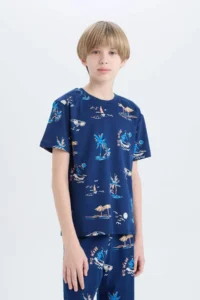 DeFacto 100% Cotton Regular Fit Patterned Elastic Waist Pajama Set for Boy - Image 4