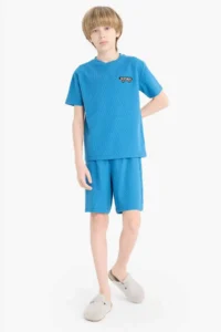 DeFacto Waffle Pajama Set Short Sleeve Top with Elastic Waist Shorts Boy - Image 2