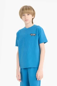 DeFacto Waffle Pajama Set Short Sleeve Top with Elastic Waist Shorts Boy - Image 3