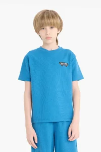 DeFacto Waffle Pajama Set Short Sleeve Top with Elastic Waist Shorts Boy - Image 4