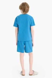 DeFacto Waffle Pajama Set Short Sleeve Top with Elastic Waist Shorts Boy - Image 7