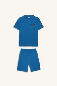 DeFacto Waffle Pajama Set Short Sleeve Top with Elastic Waist Shorts Boy - Image 8