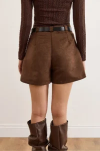 Olalook Women's Brown Belted Pleated Suede Mini Skirt with Shorts - Image 3