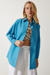 Happiness İstanbul Women Blue Oversized LONG Basic Shirt - Image 2