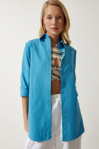 Happiness İstanbul Women Blue Oversized LONG Basic Shirt - Image 3