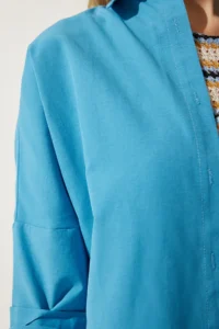 Happiness İstanbul Women Blue Oversized LONG Basic Shirt - Image 4