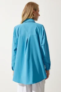 Happiness İstanbul Women Blue Oversized LONG Basic Shirt - Image 5