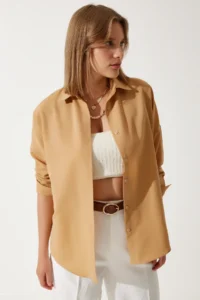 Happiness İstanbul Women Camel Oversized LONG Basic Shirt