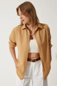 Happiness İstanbul Women Camel Oversized LONG Basic Shirt - Image 2