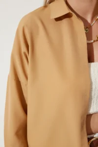Happiness İstanbul Women Camel Oversized LONG Basic Shirt - Image 3