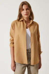 Happiness İstanbul Women Camel Oversized LONG Basic Shirt - Image 5