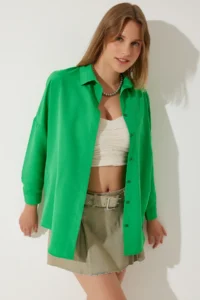 Happiness İstanbul Women's dark Green Oversized Long Basic Shirt - Image 2