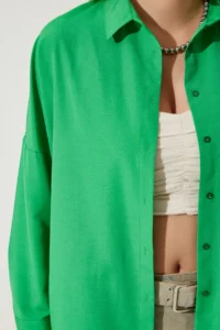 Happiness İstanbul Women's dark Green Oversized Long Basic Shirt - Image 3