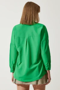 Happiness İstanbul Women's dark Green Oversized Long Basic Shirt - Image 4